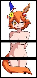 Rule 34 | 1girl, animal ears, arms behind back, blush, breasts, closed mouth, collarbone, convenient censoring, groin, hair between eyes, hair ornament, highres, horse ears, horse girl, horse tail, matikanefukukitaru (umamusume), medium breasts, medium hair, nude, one eye closed, orange eyes, orange hair, smile, sodeshita marshmallow, solo, tail, umamusume, white background