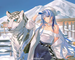 1girl absurdres arm_support bag blue_eyes blue_hair chinese_commentary earrings girls&#039;_frontline girls&#039;_frontline_neural_cloud gloves highres holding holding_phone hubble_(neural_cloud) jacket jewelry mountainous_horizon necklace off_shoulder one_eye_closed phone rhachen ribbed_shirt shading_eyes shirt smile snow solo tiger white_gloves white_jacket white_tiger