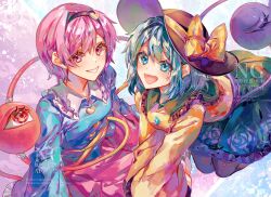 Rule 34 | 2girls, :d, aqua eyes, aqua hair, ayatsuki sugure, blue shirt, breasts, buttons, eyeball, floral print, frilled shirt collar, frills, green skirt, grey background, hair ornament, hairband, happy, hat, heart, heart button, heart hair ornament, highres, komeiji koishi, komeiji satori, long sleeves, medium breasts, medium hair, multiple girls, open mouth, pink eyes, pink hair, pink shirt, shirt, short hair, siblings, simple background, sisters, skirt, smile, third eye, touhou, wide sleeves, yellow shirt