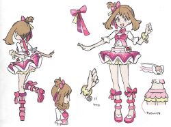 1girl bow bracelet brown_hair closed_mouth concept_art dress earrings eyelashes from_side hair_bow idol jewelry may_(contest)_(pokemon) may_(pokemon) midriff multiple_views nintendo official_art open_mouth overskirt pink_bow pink_shoes pink_skirt poke_ball poke_ball_(basic) pokemon pokemon_oras ribbon shirt shoes shorts shorts_under_skirt simple_background skirt smile solo waist_poke_ball white_background yellow_shorts