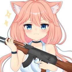 1girl ak-47 animal_ear_fluff animal_ears assault_rifle blue_eyes cat_ears choker closed_mouth commission gun hair_bobbles hair_ornament highres hinata_channel holding holding_gun holding_weapon kalashnikov_rifle long_hair low_twintails nekomiya_hinata pink_hair rifle sen_chan_(akane1023) smile smug solo sparkle striped_background twintails upper_body virtual_youtuber weapon