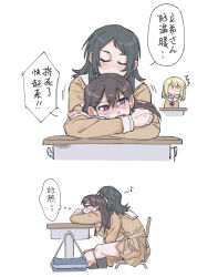 3girls bang_dream! bang_dream!_it&#039;s_mygo!!!!! black_hair blonde_hair blush brown_dress brown_hair closed_eyes closed_mouth commentary_request criangle_k. desk dress hanasakigawa_school_uniform hug hug_from_behind long_hair long_sleeves medium_hair misumi_uika mole mole_under_eye multiple_girls purple_eyes school_desk school_uniform shiina_taki simple_background speech_bubble sweatdrop thought_bubble white_background yahata_umiri yuri