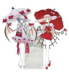 Rule 34 | 2girls, :o, alternate costume, alternate hairstyle, bare shoulders, bat wings, blonde hair, blue hair, crystal wings, dress, expressionless, flandre scarlet, frills, full body, gloves, hat, highres, holding, holding umbrella, light smile, long sleeves, looking at viewer, medium hair, multiple girls, red dress, red eyes, red gloves, red shoes, remilia scarlet, ribbon, shoes, touhou, umbrella, vampire, white dress, white gloves, white shoes, wings, zenritsu