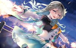 1girl absurdres black_hairband firefly_(honkai:_star_rail) fireworks green_skirt grey_hair hairband highres honkai:_star_rail honkai_(series) lens_flare long_hair outstretched_arms purple_eyes shooting_star skirt sparkler sunrise tears unyon_bbunco