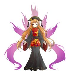 1girl belt black_dress black_hat brown_belt chinese_clothes closed_mouth commentary_request crescent crescent_print dairi dalachi_(headdress) dress energy full_body hair_between_eyes half-closed_eyes hat highres junko_(touhou) long_dress long_hair long_sleeves looking_at_viewer mandarin_collar neck_ribbon orange_hair phoenix_print pom_pom_(clothes) red_eyes red_tabard ribbon sad simple_background solo standing tabard tachi-e tassel tearing_up touhou transparent_background wavy_hair wide_sleeves yellow_ribbon