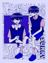 Rule 34 | 1boy, artist name, black sweater vest, blue shoes, blue shorts, blue theme, character name, closed mouth, collared shirt, flower, heterochromia, holding, holding flower, loafers, looking at viewer, male focus, omori, open mouth, outinokaden, shirt, shoes, short sleeves, shorts, socks, solo, spoilers, sunny (omori), sweater vest, tulip, twitter username, white shirt, white socks