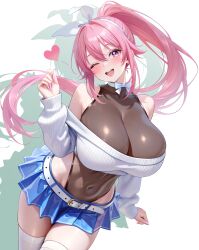 Rule 34 | 1girl, absurdres, arm up, bare hips, belt, blue skirt, blush, bow, bowtie, breasts, choker, cleavage, commission, covered collarbone, covered navel, fingernails, hair between eyes, hair ribbon, heart, high ponytail, highres, huge breasts, indie virtual youtuber, long hair, long sleeves, looking at viewer, mahhy (vtuber), nail polish, off-shoulder sweater, off shoulder, one eye closed, open mouth, pink eyes, pink hair, pink nails, pleated skirt, ponytail, ribbed sweater, ribbon, second-party source, shiny clothes, skeb commission, skirt, sleeves past wrists, smile, solo, studiopokotan, sweater, teeth, thighhighs, thighs, tongue, upper teeth only, virtual youtuber, white background, white belt, white bow, white bowtie, white choker, white ribbon, white sweater, white thighhighs