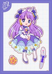 Rule 34 | 1girl, ahoge, back bow, blue bow, blue eyes, blunt ends, boots, border, bow, brooch, collar, cure selene, deformed, detached collar, dot nose, dotted line, dress, eyelashes, frilled arm warmers, frilled collar, frilled sleeves, frills, full body, glowstick, grey background, grid background, hair bow, hair tubes, hairband, hands on lap, happy, high collar, high heel boots, high heels, highres, jewelry, kaguya madoka, knee boots, locked arms, long hair, long sidelocks, looking at viewer, magical girl, medium dress, open mouth, outline, own hands clasped, own hands together, penlight (glowstick), precure, puffy short sleeves, puffy sleeves, purple border, purple bow, purple collar, purple dress, purple hair, see-through clothes, see-through dress, short sleeves, sidelocks, signature, smile, solo, standing, star (symbol), star print, star twinkle precure, stiletto heels, straight hair, tareme, uwded 207, very long hair, white arm warmers, white boots, white hairband, white outline, white sleeves