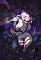 1girl absurdres arknights ascot bare_shoulders black_gloves black_hat black_leggings black_shirt blood blood_on_face blue_blood breasts bruise closed_mouth clothing_cutout detached_sleeves from_above gekeluoyouka gloves grey_hair hair_between_eyes hat highres holding holding_sword holding_weapon injury leggings long_hair looking_at_viewer low-tied_long_hair red_eyes shirt skadi_(arknights) skadi_(elite_ii)_(arknights) solo sword thigh_cutout weapon