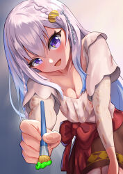 1girl :d absurdres airani_iofifteen airani_iofifteen_(indonesian_casual) blouse blue_hair blush bow braid breasts brown_skirt cleavage commentary_request frilled_shirt frills gradient_background gradient_hair grey_hair hair_ornament hairclip hand_on_own_thigh highres holding holding_brush holding_paintbrush hololive hololive_indonesia indonesian_clothes isazawa layered_sleeves leaning_forward long_hair long_sidelocks long_sleeves looking_at_viewer medium_breasts multicolored_hair off-shoulder_shirt off_shoulder official_alternate_costume official_alternate_hairstyle open_mouth paintbrush purple_eyes reaching reaching_towards_viewer red_sash sash shirt short_over_long_sleeves short_sleeves side_braids sidelighting sidelocks skirt smile solo straight_hair virtual_youtuber waist_bow white_shirt