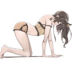 1girl absurdres ahoge all_fours barefoot brown_hair camisole closed_mouth commentary feet frilled_camisole frills from_side green_eyes highres hololive long_hair looking_at_viewer natsuiro_matsuri natsuiro_matsuri_(matsuri&#039;s_day_off) navel official_alternate_costume scarlet_(wv0102) scrunchie short_shorts shorts side_ponytail simple_background smile solo stomach strap_slip symbol-only_commentary virtual_youtuber white_background yellow_camisole yellow_scrunchie