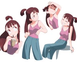 1girl ^_^ absurdres breasts brown_hair bubble_tea closed_eyes cropped_legs cropped_torso denim grin highres homagetoerrata jeans kagari_atsuko little_witch_academia long_hair looking_to_the_side medium_breasts multiple_views pants pink_shirt red_eyes shading_eyes shirt smile
