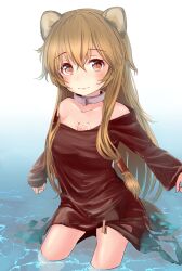 1girl alternate_costume animal_ears bare_legs bare_shoulders blush breasts brown_hair brown_shirt collar collarbone commentary commentary_request cowboy_shot dated_commentary english_commentary gradient_background hair_between_eyes highres in_water light_frown long_hair looking_at_viewer metal_collar metal_hair_tubes mixed-language_commentary miyabi_(miyabi) off-shoulder_shirt off_shoulder raccoon_ears raccoon_girl raccoon_tail raphtalia red_eyes shirt small_breasts solo standing tail tate_no_yuusha_no_nariagari wading white_background