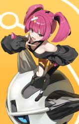 1girl absurdres asymmetrical_legwear bare_shoulders black_eyes breasts cleavage collarbone commentary_request coral_(pokemon) from_above g_home gen_3_pokemon glalie hair_ornament highres long_hair long_sleeves looking_at_viewer medium_breasts mesugaki mismatched_legwear nintendo off-shoulder_shirt off_shoulder open_mouth orange_shorts pink_hair pokemon pokemon_(anime) pokemon_horizons puffy_long_sleeves puffy_sleeves shirt shorts simple_background sleeves_past_wrists smile twintails w x_hair_ornament yellow_background