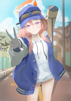 Rule 34 | 1girl, absurdres, bandaid, bandaid on face, bandaid on nose, baseball cap, blue archive, blue hat, blue jacket, blue sky, blurry, blurry background, building, cloud, commentary, cowboy shot, depth of field, eyewear on headwear, grin, halo, hand in pocket, hat, highres, hood, hoodie, jacket, letterman jacket, light blush, long hair, long sleeves, looking at viewer, orange-tinted eyewear, orange hair, orange halo, outdoors, parted lips, power lines, purple eyes, rei (blue archive), road, road sign, sign, signpost, sky, smile, solo, street, sunglasses, tinted eyewear, tree, tsushima (mdwy4255), urban, utility pole, w, white hoodie