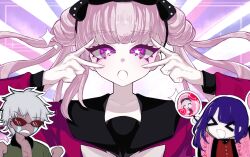 &gt;_&lt; 1girl 2boys :d :o ambretta black_hairband black_sailor_collar brother_and_sister chibi chibi_inset commentary crying dark-skinned_male dark_skin double_bun double_v english_commentary grey_hair hair_bun hairband highres medium_hair meme miku_miku_beaaaam!!_(meme) multiple_boys open_mouth pink_eyes pink_hair purple_hair sailor_collar short_hair siblings smile solo_focus star-shaped_pupils star_(symbol) streaming_tears sunglasses symbol-shaped_pupils tears the_hundred_line_-last_defense_academy- tsukumo_ima tsukumo_kako twins twintails v v_over_eye yakushiji_takemaru