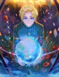 1boy blonde_hair blue_eyes blue_shirt chi.:_chikyuu_no_undou_ni_tsuite flower glint hei_hua_(anita4317) highres long_sleeves male_focus orb paper pixiv_username rafal_(chi.) shirt short_hair solo standing string twitter_username