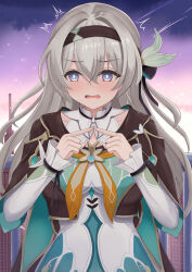 Rule 34 | 1girl, aqua dress, aqua skirt, black hairband, black jacket, blue pupils, blush, building, collared dress, cropped jacket, dress, firefly (honkai: star rail), grey hair, hair between eyes, hair intakes, hair ornament, hair ribbon, hairband, highres, honkai: star rail, honkai (series), index fingers together, jacket, long hair, multicolored eyes, neckerchief, open mouth, orange neckerchief, ribbon, shizukami chiro, shooting star, skirt, solo, two-tone eyes, wavy mouth