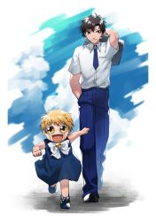Rule 34 | 2boys, absurdres, black footwear, black hair, blonde hair, blue cloak, blue footwear, blue necktie, blue pants, bow, bowtie, brown eyes, carrying, cloak, gash bell, gouache (medium), highres, konjiki no gash!!, light smile, multiple boys, necktie, orange eyes, painting (medium), pants, running, shirt, short hair, short sleeves, sky, takamine kiyomaro, traditional media, walking, white bow, white bowtie, white shirt, zfhe8252
