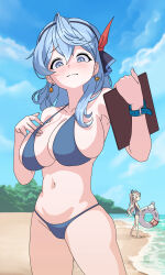 2girls absurdres ako_(blue_archive) beach bikini blue_archive blue_bikini blue_eyes blue_hair blue_one-piece_swimsuit blue_sky cloud collarbone commentary day english_commentary highres hina_(blue_archive) hina_(swimsuit)_(blue_archive) medium_hair multiple_girls navel no_halo ocean one-piece_swimsuit purple_eyes school_swimsuit sky swim_ring swimsuit thighs user_fxhp5832 white_hair
