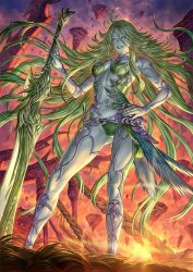 1girl antenna_hair arina_nary backlighting barbariccia blue_skin bodysuit braid building clothing_cutout cloud colored_skin column commentary contrapposto evening feathers feet_out_of_frame final_fantasy final_fantasy_xiv floating_hair floating_rock from_below gluteal_fold gradient_sky green_bodysuit green_eyes green_hair green_lips green_nails green_panties grin hair_between_eyes hand_on_hilt hand_on_own_hip hand_up highres legs_apart lens_flare loincloth long_hair looking_at_viewer midriff nail_polish navel orange_sky outdoors panties pillar planted planted_sword planted_weapon realistic sky slit_pupils smile solo standing stomach_cutout sunlight sword underwear very_long_hair weapon