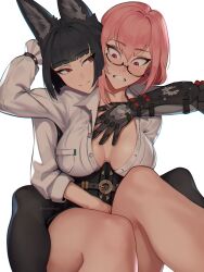 2girls absurdres animal_ear_fluff animal_ears artist_name black_skirt blunt_bangs blush breasts closed_mouth dress_shirt earrings eweedraws fox_ears fox_girl gauntlets glasses hair_between_eyes high-waist_skirt highres hoshimi_miyabi jewelry large_breasts long_hair looking_at_another multiple_girls parted_lips pink_eyes pink_hair red_eyes shirt sidelocks simple_background sitting skirt smile tsukishiro_yanagi unbuttoned white_background white_shirt yuri zenless_zone_zero