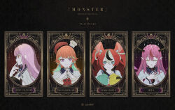 4girls animal_ears asymmetrical_sleeves beret bilingual_commentary black_gloves black_hair blue_eyes blunt_bangs buttons cape card_(medium) character_name chef_hat choker collared_cape colored_inner_hair colored_tips commentary copyright_notice crystal_wings detached_wings double-breasted double_halo earrings english_commentary enigmatic_recollection feather_earrings feathers gloves gradient_hair green_hair hair_flaps hakos_baelz hakos_baelz_(1st_costume) halo hands_up hat hololive hololive_english horns irys_(hololive) irys_(irys_2.0)_(hololive) jewelry language_commentary long_hair mini_hat mismatched_sleeves mixed-language_commentary mokoppe mori_calliope mori_calliope_(1st_costume) mouse_ears mouse_tail multicolored_hair multiple_girls multiple_hats official_art orange_hair orange_hat orange_vest pink_eyes pink_hair pointy_ears purple_eyes purple_hair red_hair ribbon_choker sidelocks single_glove star_halo steepled_fingers straight_hair streaked_hair tail takanashi_kiara takanashi_kiara_(1st_costume) tarot tarot_(medium) tiara twintails veil vest virtual_youtuber white_cape white_hair white_hat wide_sleeves wings