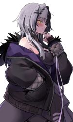 Rule 34 | 1girl, absurdres, black arm warmers, black choker, black dress, black hair, black nails, breasts, chest belt, choker, cleavage, coat, dress, fur-trimmed coat, fur trim, gloves, grey hair, hair ornament, highres, hololive, hololive english, jewelry, lace, lace-trimmed choker, lace choker, lace trim, large breasts, long hair, looking at viewer, multicolored hair, rinny rin2, shiori novella, shiori novella (1st costume), simple background, smile, solo, split-color hair, striped arm warmers, striped clothes, striped gloves, two-tone hair, virtual youtuber, white background, yellow eyes