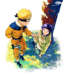 1boy 1girl :o blonde_hair blue_pants brown_jacket closed_eyes facial_mark forehead_protector full_body hand_in_pocket highres holding_hands hyuuga_hinata jacket jumpsuit konohagakure_symbol long_sleeves looking_at_another naruto naruto_(series) on_grass orange_jumpsuit pants purple_eyes purple_hair s_atsu_ki seiza short_hair sitting standing teeth tree tree_shade twitter_username uzumaki_naruto whisker_markings