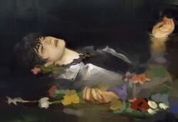 Rule 34 | 1boy, black eyes, black hair, black shirt, blank stare, coat, collared shirt, flower, holding, holding flower, kim dokja, lying, macaronijail, male focus, omniscient reader&#039;s viewpoint, on back, open mouth, ophelia (painting), outstretched hand, painterly, partially submerged, popped collar, seaweed, shirt, short hair, solo, teeth, upper body, upper teeth only, white coat