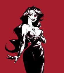 1girl bare_shoulders black_hair breasts cleavage dress elbow_gloves female_focus fullmetal_alchemist gloves large_breasts long_hair looking_at_viewer lust_(fma) nortuet revealing_clothes simple_background smile solo tattoo wide_hips