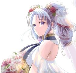 1girl bare_shoulders bouquet breasts dress earrings fire_emblem fire_emblem:_genealogy_of_the_holy_war fire_emblem_heroes flower grey_hair hair_flower hair_ornament highres holding holding_bouquet ikuratoro225784 jewelry large_breasts looking_back nintendo purple_eyes tine_(determined_bride)_(fire_emblem) tine_(fire_emblem) twintails upper_body wedding_dress white_dress