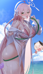 2girls ahoge between_breasts bikini bikini_under_clothes blue_archive blurry blurry_background bottomless bow dildo green_eyes halo hanako_(blue_archive) hanako_(swimsuit)_(blue_archive) highres holding holding_hose hose hose_between_breasts kippuru koharu_(blue_archive) multiple_girls ocean off_shoulder official_alternate_costume open_mouth outdoors oversized_clothes oversized_shirt partially_unbuttoned pink_bikini pink_hair pink_halo see-through_clothes see-through_shirt sex_toy shirt solo_focus swimsuit tongue tongue_out wet wet_clothes wet_shirt white_bow