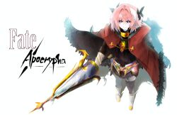 arm_guards armor astolfo_(fate) black_bow boots bow cloak copyright_logo emblem fate/apocrypha fate/grand_order fate_(series) fur-trimmed_cloak fur_trim hair_bow hair_intakes highres holding holding_polearm holding_weapon knee_boots multicolored_hair multiple_hair_bows pink_eyes pink_hair polearm red_cloak streaked_hair takasaki_aneki thighhighs trap trap_of_argalia weapon white_hair zettai_ryouiki