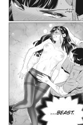 1boy 1girl black_panties black_pantyhose blush breasts closed_eyes clothes_pull collarbone english_text hair_ornament hand_on_another&#039;s_head hand_on_another&#039;s_stomach highres large_breasts long_hair lying manga_page mato_seihei_no_slave midriff navel nervous_sweating nipples official_art on_back panties pants pants_pull pantyhose shoes short_hair stomach sweat sweatdrop takemura_youhei teeth translated underwear wakura_yuuki yamashiro_ren