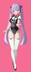 1girl :d absurdres black_shoes blood blood_on_face blush breasts full_body high_heels highres large_breasts leotard long_hair looking_at_viewer open_mouth original pink_background puffy_sleeves purple_eyes purple_hair ri_yonn shoes simple_background smile teeth thighhighs twintails v white_thighhighs