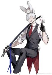 1boy absurdres animal animal_ears animal_on_head bishounen bow bowtie card dante_(devil_may_cry) devil_may_cry devil_may_cry_(series) devil_may_cry_4 facial_hair fingerless_gloves fishnet_pantyhose fishnets formal_clothes gloves highres holding holding_card leotard looking_at_viewer male_focus male_playboy_bunny mature_male necktie on_head pantyhose playboy_bunny rabbit rabbit_boy rabbit_ears rabbit_on_head rabbit_tail simple_background smile solo suit sword tail waiter watermark weapon weibo_7054093389 weibo_watermark white_hair yamato_(sword)
