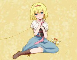 2girls alice_margatroid bad_id bad_pixiv_id blonde_hair blue_eyes blush book boots cross-laced_footwear doll female_focus hairband ica long_hair multiple_girls shanghai_doll short_hair sitting smile string string_of_fate touhou wings