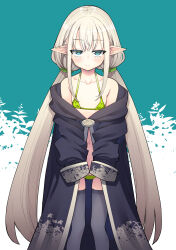 1girl absurdres akino_sora bare_shoulders bikini black_thighhighs blonde_hair blue_background blush closed_mouth coat collarbone elf flat_chest green_bikini green_eyes highres long_hair long_sleeves looking_at_viewer low-tied_long_hair micro_bikini navel off_shoulder original pointy_ears sidelocks sleeves_past_wrists solo standing strap_gap swimsuit thighhighs twintails upper_body very_long_hair