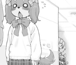 3girls 4girls blank_eyes blush body_fur confession cowboy_shot dog_girl flying_sweatdrops furry furry_female greyscale hallway indoors kikurage_(crayon_arts) monochrome multiple_girls original peeking_out school_uniform skirt sweater tail thumbs_up twintails