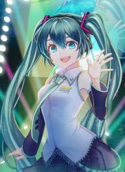 1girl black_skirt blouse blue_eyes blue_hair blue_necktie grey_shirt hatsune_miku highres kaeru_(csit24) long_hair looking_at_viewer necktie open_mouth shirt skirt sleeveless sleeveless_shirt solo twintails very_long_hair vocaloid waving