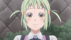 1girl amanchu! animated animated_gif blush closed_eyes closed_mouth dot_nose female_focus green_hair hairclips kohinata_hikari looking_at_viewer medium_hair school_uniform sitting smile solo yellow_eyes