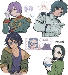 2girls 6+boys absurdres aeug ahoge amuro_ray belt black_belt black_hair blue_eyes blue_hair blue_tank_top bowl brown_eyes char_aznable character_name chopsticks cle_423 closed_mouth comoli_harcourt dog epaulettes frown garma_zabi glasses gloves green_jacket gundam gundam_gquuuuuux gundam_tekketsu_no_orphans hair_between_eyes high_collar highres holding holding_chopsticks jacket jezzi kamille_bidan kycilia_zabi lips long_sleeves looking_at_viewer m&#039;quve mecha_pilot_suit mikazuki_augus military_uniform mobile_suit_gundam multicolored_eyes multiple_boys multiple_girls normal_suit_(gundam) open_clothes open_jacket open_mouth pomeranian_(dog) purple_hair quattro_bajeena rice rice_bowl science_fiction short_hair simple_background single_off_shoulder smile tank_top thumbs_up twirling_hair two-tone_eyes white_background white_gloves yellow_eyes zeon zeta_gundam