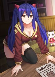 2girls aged_up animal bent_over black_legwear blurry blurry_background blush bottle bra breasts broken_heart brown_eyes brown_hoodie cat charle_(fairy_tail) cleavage closed_mouth clothed_animal collarbone collared_shirt commentary commission depth_of_field facing_another facing_viewer fairy_tail floor hair_between_eyes hair_ornament happy heart highres hood hood_down hoodie indoors kazenokaze large_breasts leaning_forward leg_up long_hair looking_at_another looking_at_viewer medium_breasts multiple_girls necktie on_one_knee one_knee_up open_mouth outstretched_arm pink_skirt poster poster_(medium) purple_hair red_shirt room shirt sidelocks skirt smile standing standing_on_one_leg table thighhighs twintails underwear very_long_hair wall wanted_poster wendy_marvell whiskers wooden_floor zipper zipper_pull_tab
