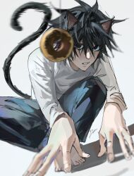 Rule 34 | 1boy, animal ears, barefoot, black eyes, black hair, black pants, cat boy, cat ears, cat tail, commentary, crew neck, death note, donut, english commentary, fingernails, food, full body, highres, kemonomimi mode, l (death note), long sleeves, looking at foot, looking to the side, male focus, pants, rain (neporain), shirt, signature, simple background, solo, string, tail, white background, white shirt
