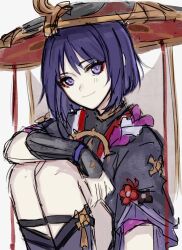 Rule 34 | 1girl, alternate hairstyle, arm at side, arm on knee, armor, artist name, black bodysuit, black hat, black kimono, blunt ends, bodysuit, closed mouth, eyeliner, eyeshadow, frilled sleeves, frills, genderswap, genderswap (mtf), genshin impact, gold, grey leggings, grey veil, hand up, hat, highres, japanese armor, japanese clothes, jewelry, jingasa, juban, kimono, kote, kurokote, layered sleeves, leggings, light blush, looking at viewer, makeup, mandarin collar, neck ring, purple eyes, purple hair, purple sleeves, red eyeliner, red eyeshadow, red hat, red kimono, scaramouche (genshin impact), sgm618, short sleeves, sitting, sketch, smile, solo, tsurime, two-sided fabric, two-sided headwear, veil, white kimono, wispy bangs