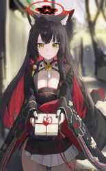 Rule 34 | 1girl, absurdres, animal ear fluff, animal ears, black hair, black kimono, black nails, blue archive, blurry, blurry background, blush, box, breasts, cleavage, colored inner hair, commentary request, cowboy shot, eyeshadow, floral print sleeves, fox ears, fox girl, fox mask, fox tail, hair ornament, halo, highres, holding, holding box, incoming gift, japanese clothes, jianjia, kimono, large breasts, long hair, looking at viewer, makeup, mask, multicolored hair, nail polish, red eyeshadow, red hair, red halo, solo, tail, tail ornament, wakamo (blue archive), yellow eyes