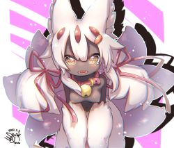 +_+ 1girl alternate_hairstyle animal_collar animal_ear_fluff animal_ears bandam bell breasts chromatic_aberration collar commentary_request cross-shaped_pupils dark-skinned_female dark_skin dated drop_shadow faputa frown green_eyes hair_ornament hair_ribbon hairclip highres jingle_bell leaning_forward long_hair looking_at_viewer made_in_abyss medium_breasts multiple_tails navel neck_bell nipples nude open_mouth pink_background red_collar red_ribbon ribbon sharp_teeth sidelocks signature solo standing symbol-shaped_pupils tail teeth twintails twintails_day very_dark_skin white_background white_fur white_hair yellow_eyes