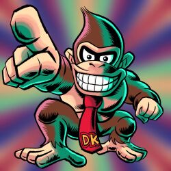 1boy brown_fur donkey_kong donkey_kong_(series) furry furry_male grin highres imamura_takaya looking_at_viewer necktie nintendo pointing red_necktie smile solo teeth