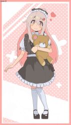 Rule 34 | 1girl, alternate costume, artist name, bambi2000line, bare arms, black shoes, blush, border, brown eyes, closed mouth, commentary, dot mouth, frilled skirt, frills, full body, hair between eyes, hair ornament, hairclip, heart, highres, holding teddy bear, kneehighs, long hair, looking at viewer, mary janes, onii-chan wa oshimai!, oyama mahiro, pink hair, polka dot, polka dot background, puffy short sleeves, puffy sleeves, red border, shoes, short sleeves, sidelocks, simple background, skirt, smile, socks, solo, standing, very long hair, white socks